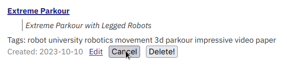 Screenshot of an example bookmark with the delete button pressed and the inline confirmation visible.