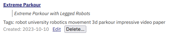 Screenshot of an example bookmark with a delete button.